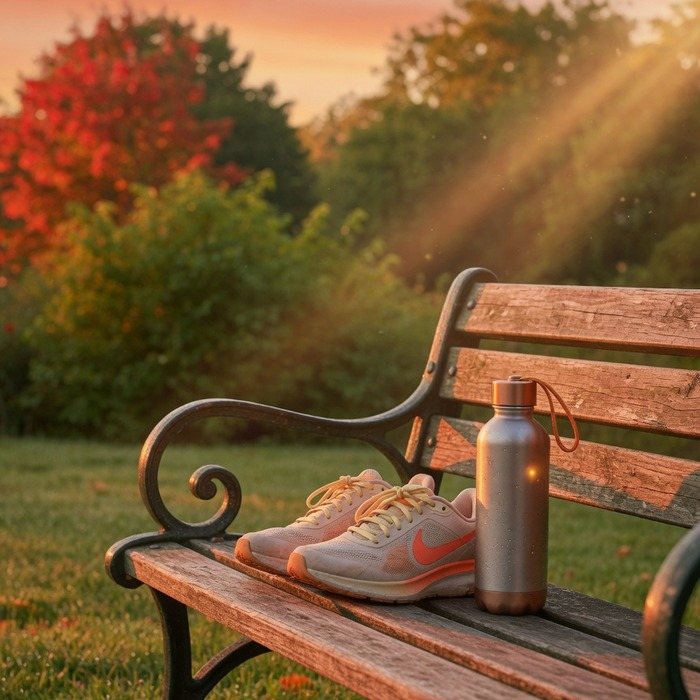 Parkbank in der Morgensonne, daneben leichte Wanderschuhe und eine Trinkflasche