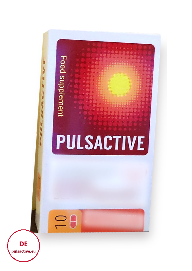 Pulsactive – rot-weiße Packung mit 10 Kapseln, Nahrungsergänzungsmittel (Front mit unscharf gemachtem Herstellerspruch)