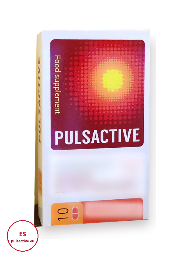 Pulsactive – caja roja y blanca con 10 cápsulas, complemento alimenticio (la frase del fabricante del frontal aparece difuminada)