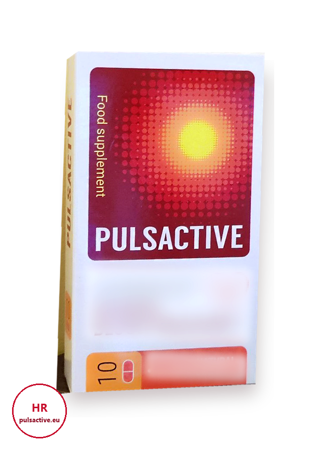 Pulsactive – crveno-bijela kutija s 10 kapsula, dodatak prehrani (rečenica proizvođača na prednjoj strani je zamućena)