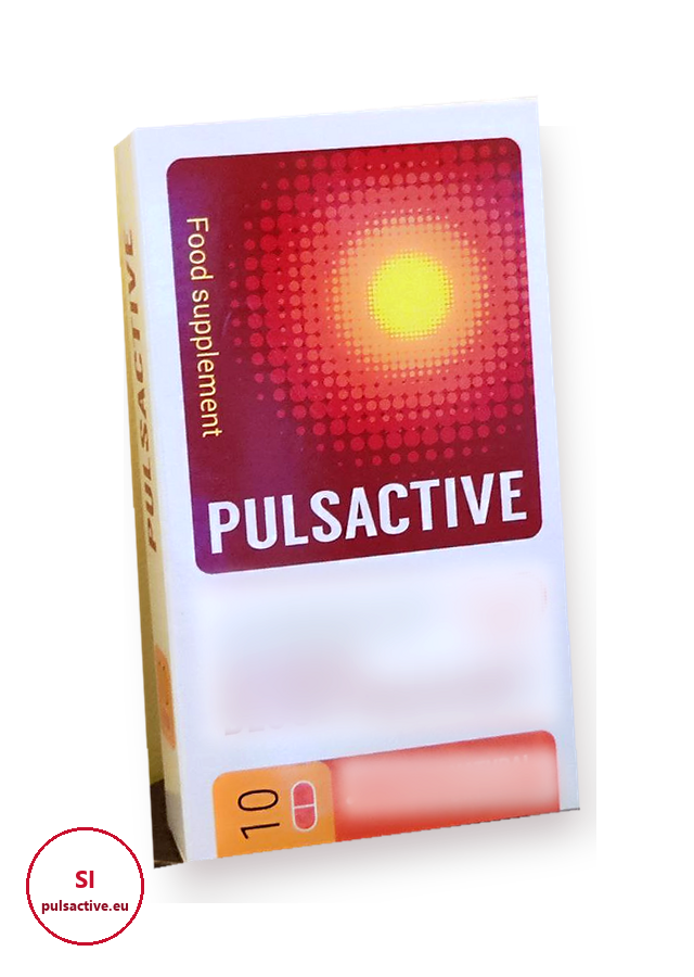 Pulsactive – rdeče-bela škatlica z 10 kapsulami, prehransko dopolnilo (stavek proizvajalca na sprednji strani je zamegljen)