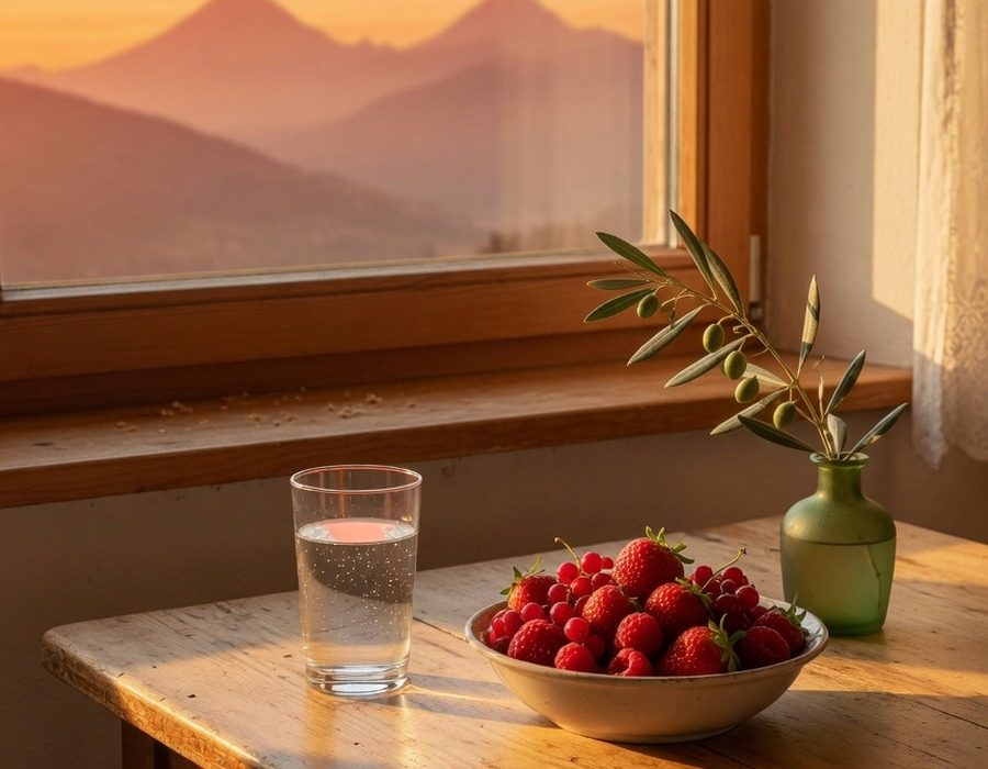 Holztisch in einer österreichischen Küche am Fenster, Berge unscharf im Hintergrund, Glas Wasser, Schale mit roten Beeren und ein Olivenzweig in der Vase