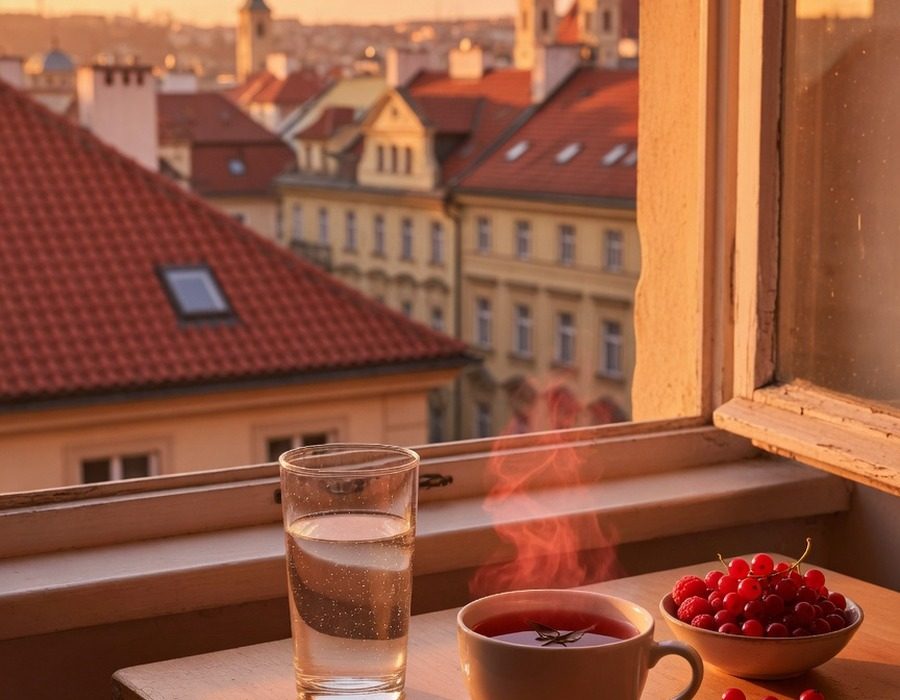 Stůl u okna v pražském bytě: sklenice vody, šálek černého čaje a miska červených plodů, střechy v pozadí rozostřené
