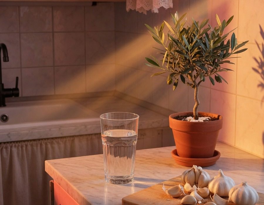 Küchenzeile in einer deutschen Stadtwohnung: Glas Wasser, kleiner Olivenbaum im Topf und ein Holzbrett mit Knoblauch im Morgenlicht
