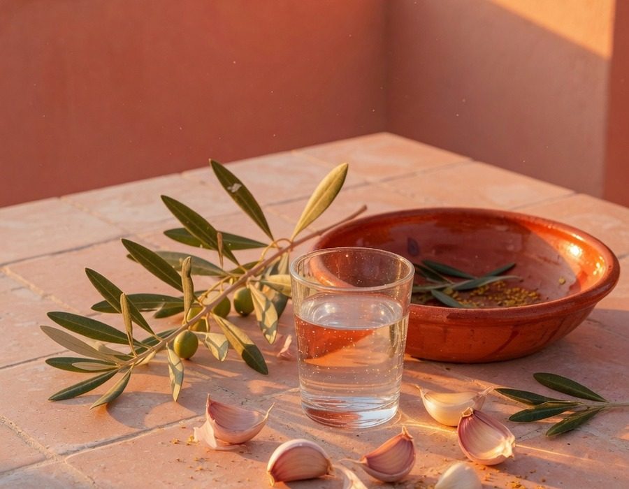 Mesa de un patio soleado en España: vaso de agua, rama de olivo, dientes de ajo y un cuenco de barro