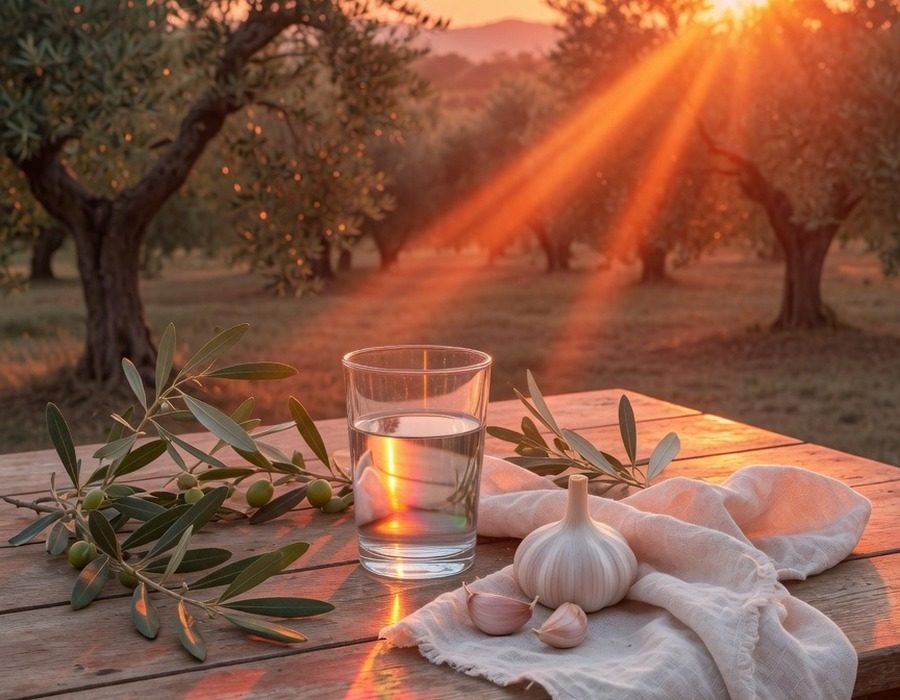 Tavolo in campagna italiana: bicchiere d’acqua, rami d’olivo, una testa d’aglio e un tovagliolo di lino, ulivi sfocati sullo sfondo